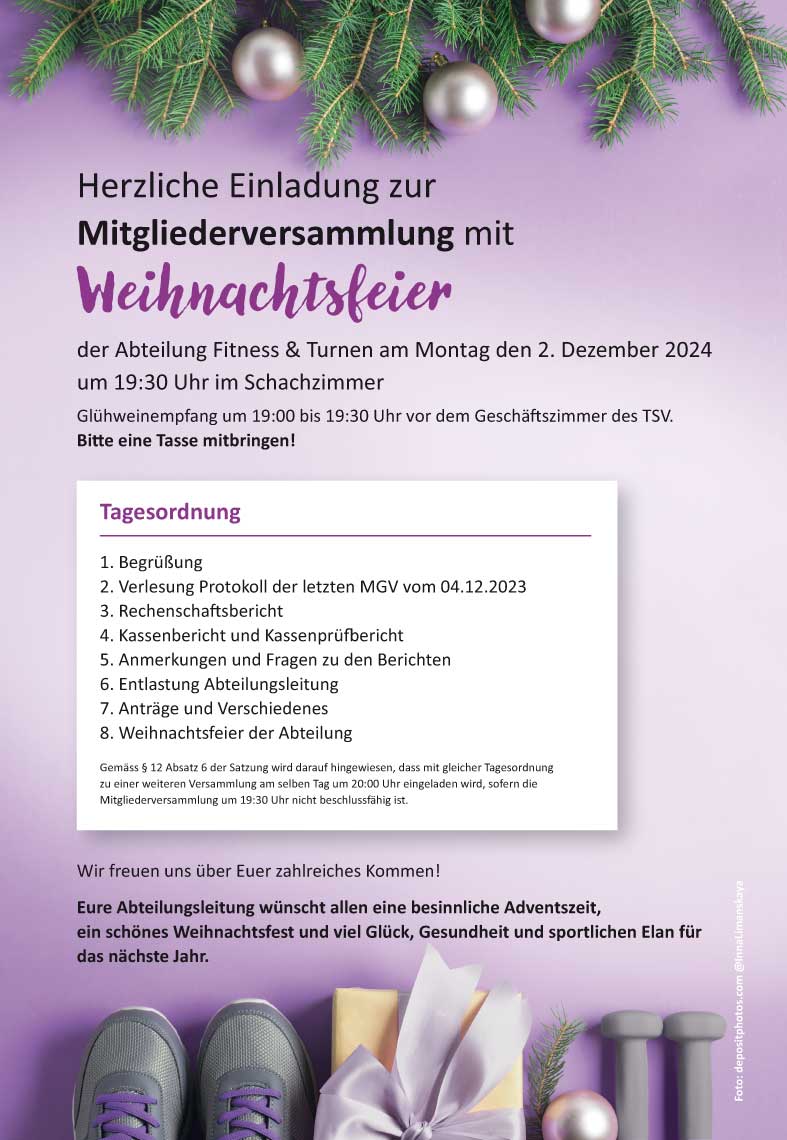 Herzliche Einladung zur MGV mit Weihnachtsfeier der Abteilung Fitness & Turnen am Montag den 2. Dezember 2024